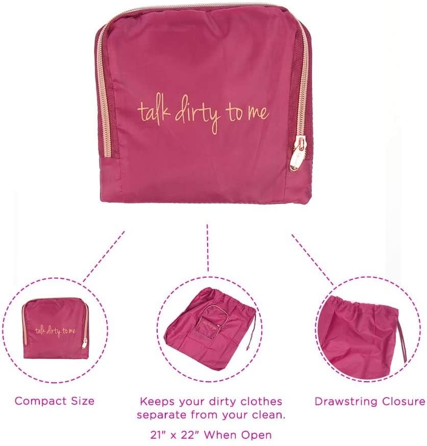 pink zippered bag that says "talk dirty to me" that expands out into a larger laundry bag