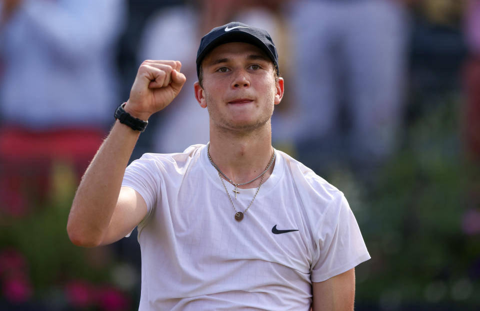 Draper, 20, started his grass court season with a confident 6-2 6-2 win over fellow Brit Billy Harris on Centre Court (Getty/LTA)