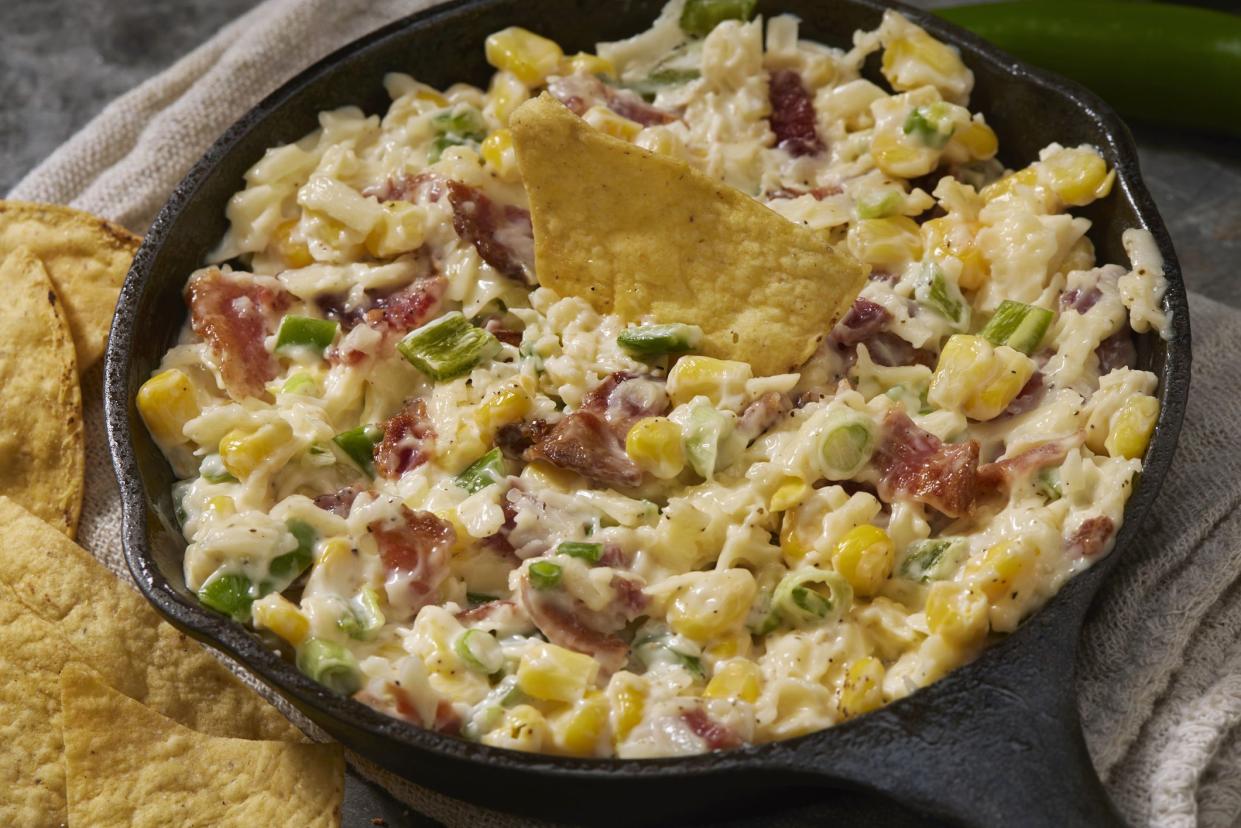 Spicy Korean Corn Cheese Dip with Bacon, Jalapeno's and Tortillas Chips