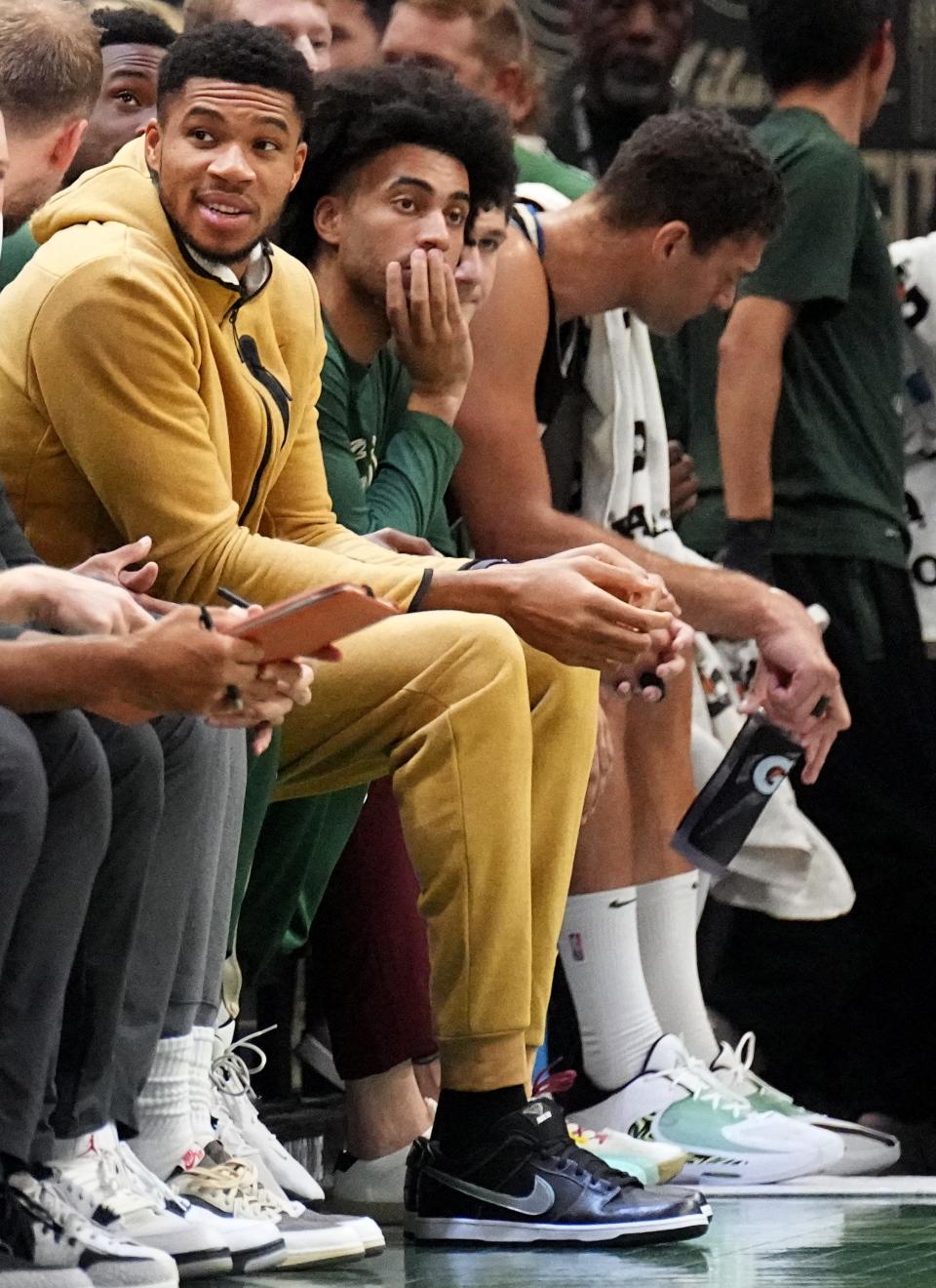 Milwaukee Bucks forward Giannis Antetokounmpo watches  from the bench during the first half of their game against the Oklahoma City Thunder Saturday, November 5, 2022 at Fiserv Forum in Milwaukee, Wis.