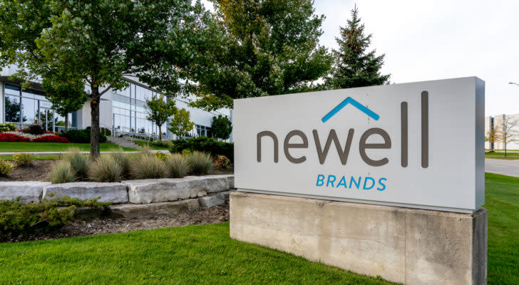 A photo of a sign showing the Newell Brands (NWL) logo outside a building.