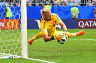 Soccer Football - World Cup - Group C - Denmark vs Australia - Samara Arena, Samara, Russia - June 21, 2018 Denmark's Kasper Schmeichel makes a save REUTERS/Dylan Martinez