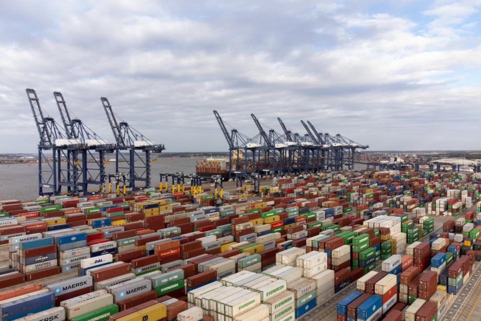 The Port of Felixstowe in Suffolk, Britain’s biggest and busiest container port, where members of the Unite union have walked out (Joe Giddens/PA) (PA Wire)