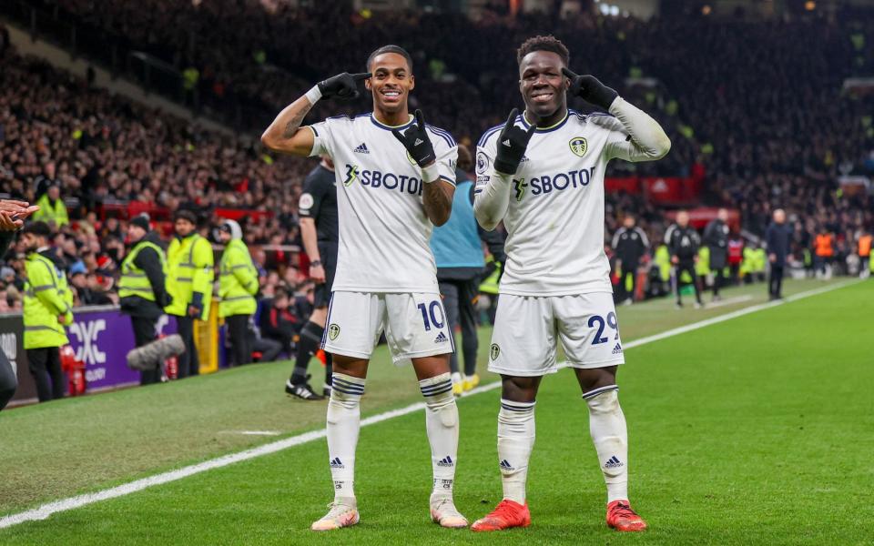 Leeds United midfielder Crysencio Summerville (10) and Leeds United forward Wilfried Gnonto (29) celebrate Leeds United 2nd goal - Simon Davies/Shutterstock