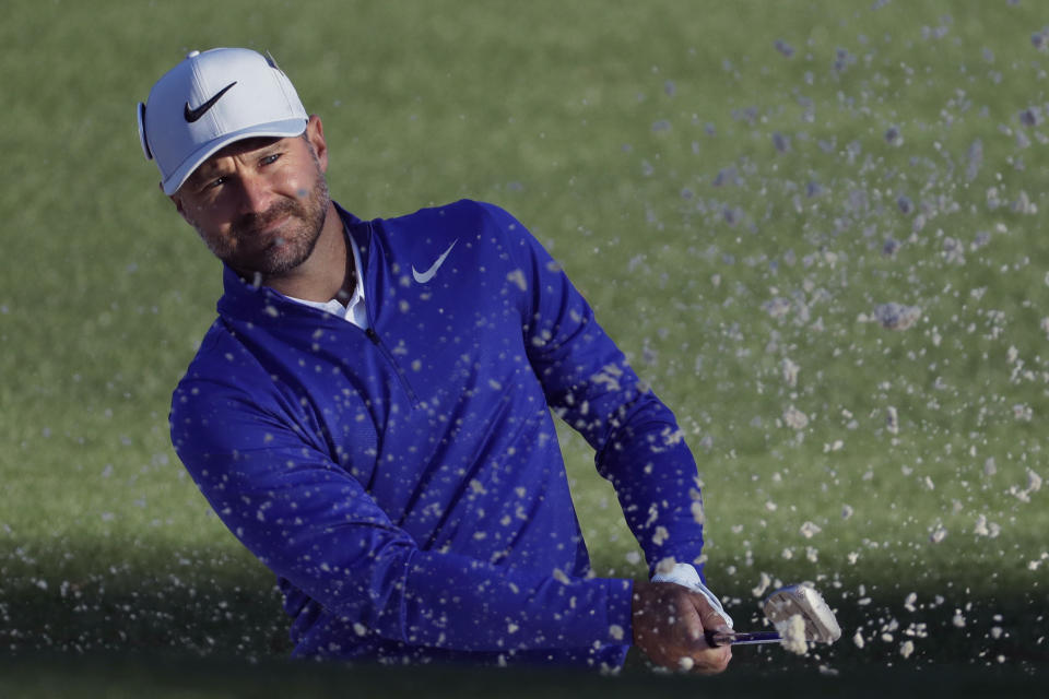 FILE - In this April 6, 2017, file photo, Trevor Immelman of South Africa, hits from a bunker on the second hole during the first round for the Masters golf tournament in Augusta, Ga. Immelman has been named International captain for the 2021 Presidents Cup matches in North Carolina. (AP Photo/Chris Carlson, File)