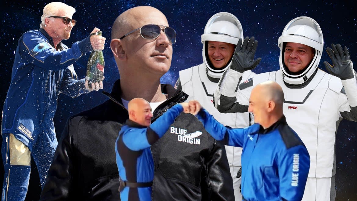 Photo Illustration by Sarah Rogers/The Daily Beast / Photos Getty/Blue Origin