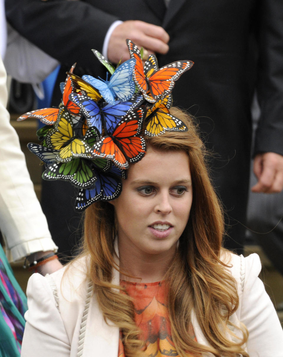 Princess Beatrice attends the wedding of Peter Phillips to Autumn Kelly at St. George's Chapel in Windsor on May 17, 2008.&nbsp;