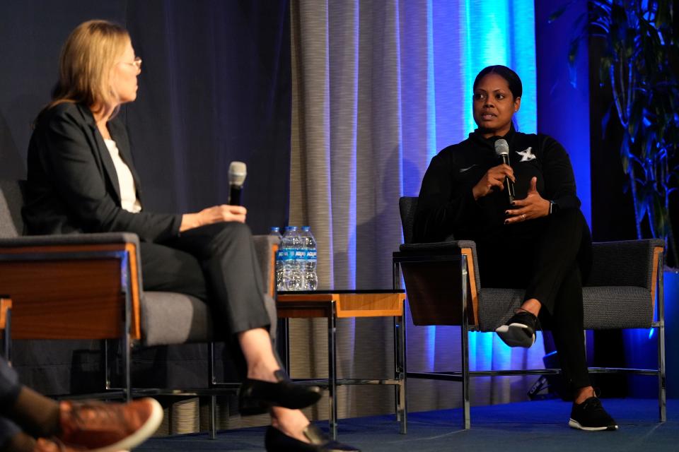 Xavier Musketeers women’s basketball coach Billi Chambers speaks with Big East Conference commissioner Val Ackerman during a Xavier University basketball preseason preview event at the Cintas Center in Cincinnati on Monday, Oct. 2, 2023.