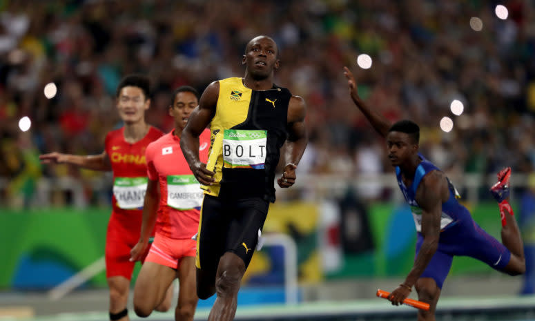 Usain Bolt running in the Olympics.