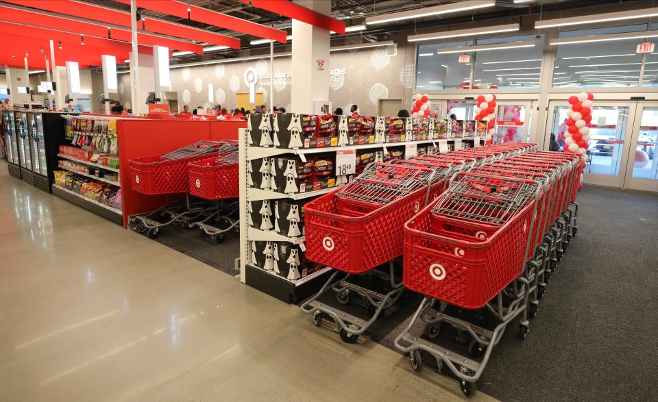 Shopping carts sit at the ready in the brand new Target store in the Cross County Center in Yonkers, which is set to officially open on Sunday, Oct. 22, 2023.