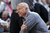 Louisville coach Chris Mack reacts during the first half of the team's NCAA college basketball game against Michigan State, Wednesday, Dec. 1, 2021, in East Lansing, Mich. (AP Photo/Al Goldis)