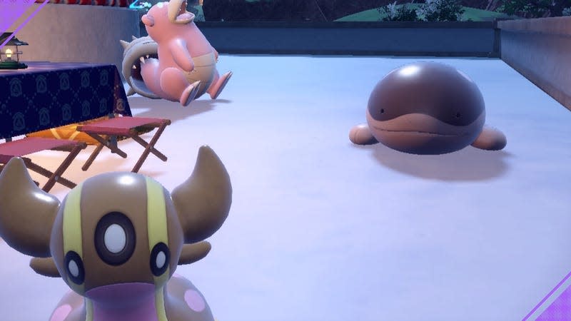 A Gastrodon, Clodsire, and Slowbro are all shown sitting on a roof next to a candlelit picnic table.