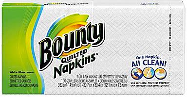 Bounty® Quilted Napkins, 1-Ply, 100 Napkins/Pack, <a href="http://www.staples.com/Bounty-Quilted-Napkins-1-Ply-100-Napkins-Pack/product_639879" target="_blank">staples.com</a>, $3.49