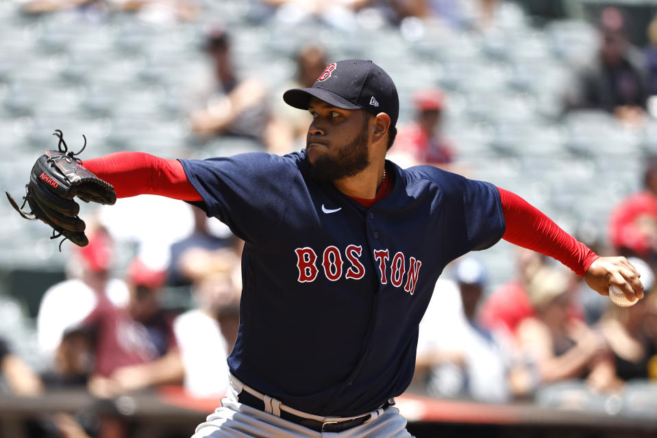 ANAHEIM, CALIFORNIA - JULY 07: Eduardo Rodriguez #57 of the Boston Red Sox pitches against the Los Angeles Angels during the first inning at Angel Stadium of Anaheim on July 07, 2021 in Anaheim, California. (Photo by Michael Owens/Getty Images)