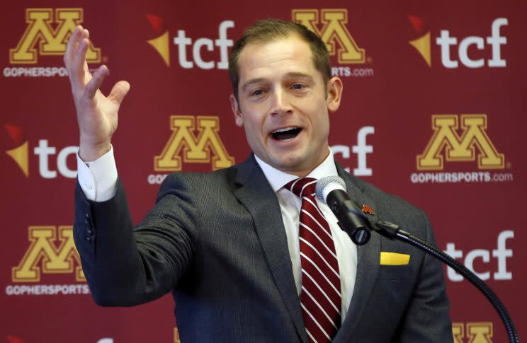 P.J. Fleck was introduced as Minnesota’s head coach in January. (AP Photo/Jim Mone)