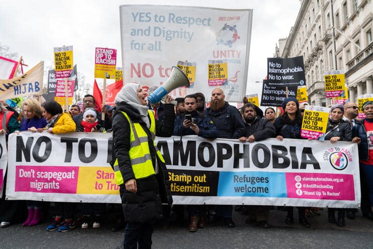 <span class="caption">Protests against Islamophobia such as this one in 2019 are less visible than the racism toward Muslims found in the media.</span> <span class="attribution"><a class="link " href="https://www.shutterstock.com/download/confirm/1340569901" rel="nofollow noopener" target="_blank" data-ylk="slk:Andrius Kaziliunas/Shutterstock;elm:context_link;itc:0;sec:content-canvas">Andrius Kaziliunas/Shutterstock</a></span>