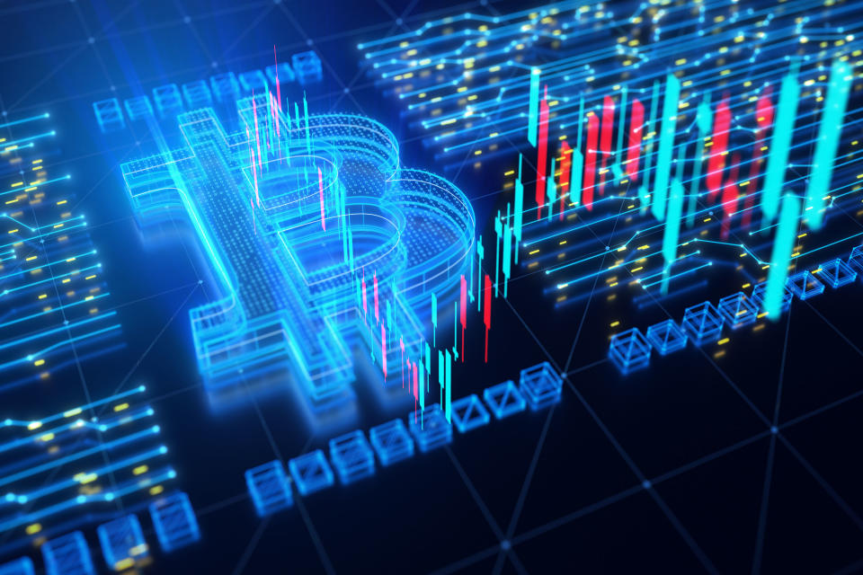 Bitcoin and trading chart on digital circuit background.