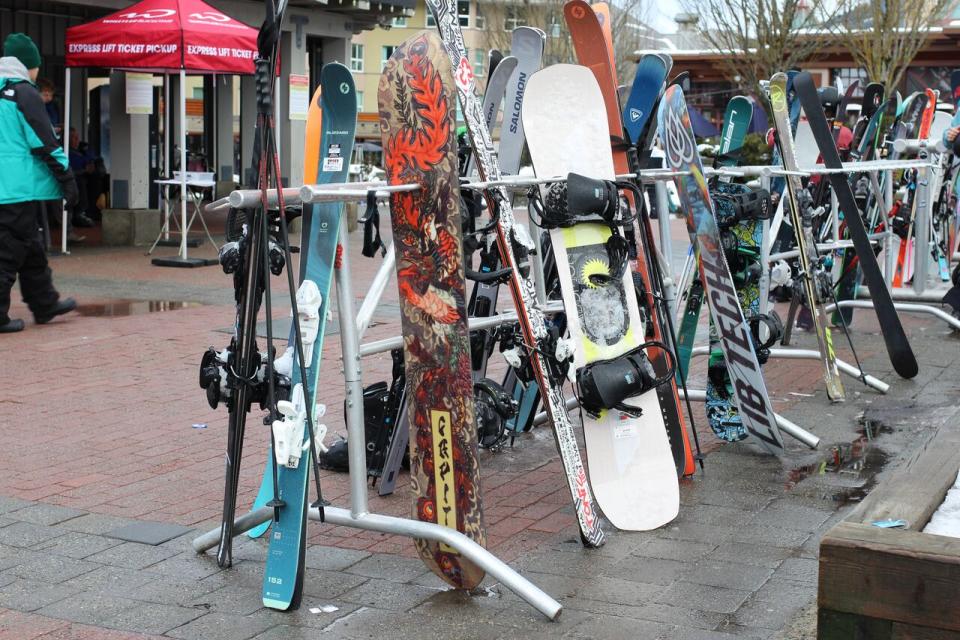Skis and snowboards are pictured in Whistler, B.C.