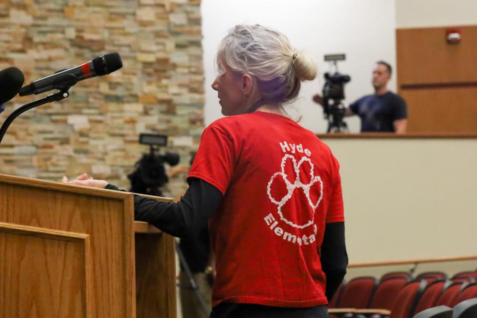 Parents from Hyde Elementary School showed support Monday for a five-school system at Moon Area School District. Several parents attended a public hearing with red Hyde Elementary School t-shirts.