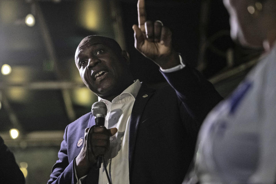 Lewis Reed, president of the Board of Aldermen, delivers a brief speech at a Democratic presidential primary election watch party at McGurk's Irish Pub and Garden, Tuesday, March 10, 2020, in St. Louis. Reed is one of four candidates seeking to replace retiring St. Louis Mayor Lyda Krewson. (Lexi Browning/St. Louis Post-Dispatch via AP)