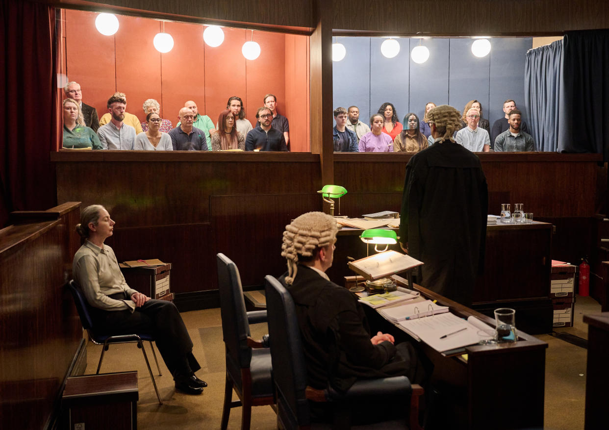 Pictured: Defence Barrister - Xavier Ahmad QC (Christopher Simpson) addressing the two juries. (Rob Parfitt / Channel 4)