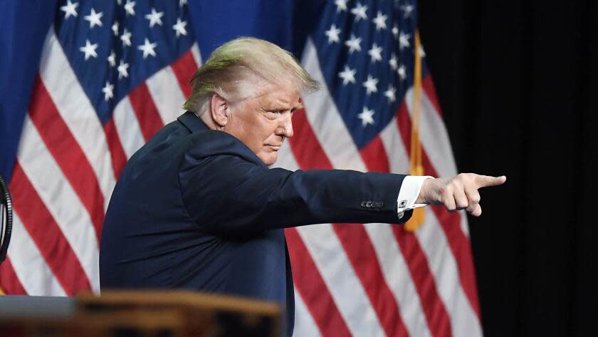 CHARLOTTE, NORTH CAROLINA - AUGUST 24: President Donald J. Trump points to a delegate after addressing delegates on the first day of the Republican National Convention at the Charlotte Convention Center on August 24, 2020 in Charlotte, North Carolina. The four-day event is themed 