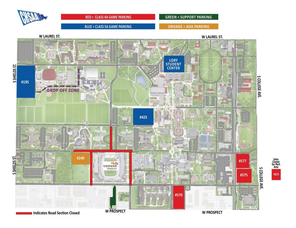 Parking map for the CHSAA 4A and 5A state championship football games at Canvas Stadium