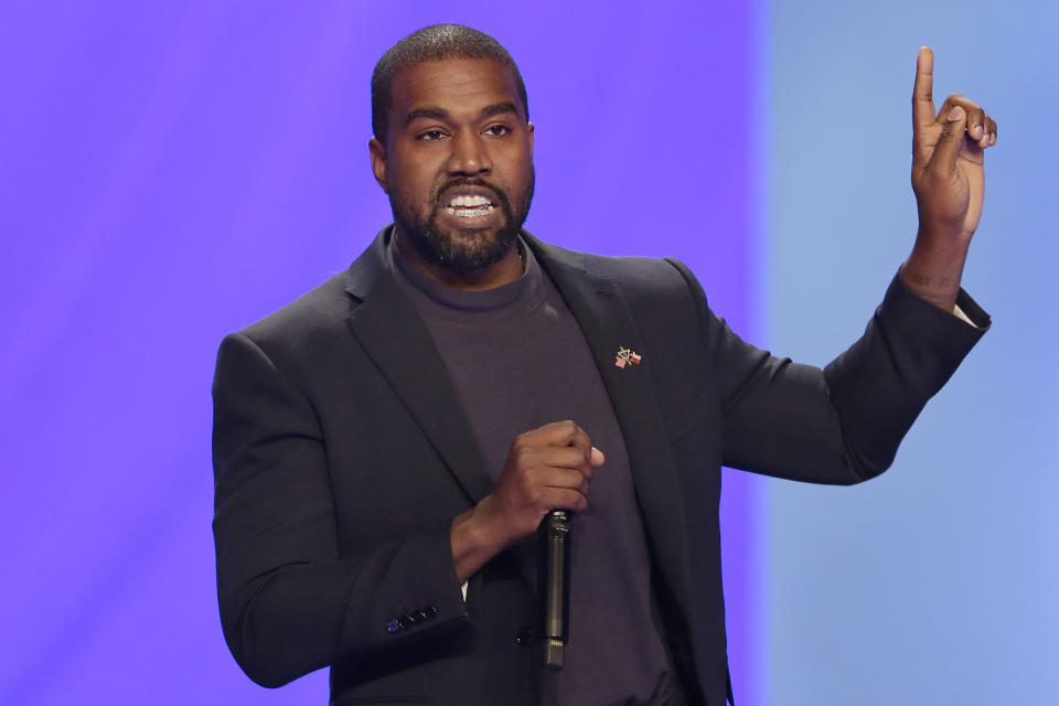 Kanye West answers questions from Sr. pastor Joel Osteen during the 11 am service at Lakewood Church Sunday, Nov. 17, 2019, in Houston. (AP Photo/Michael Wyke)