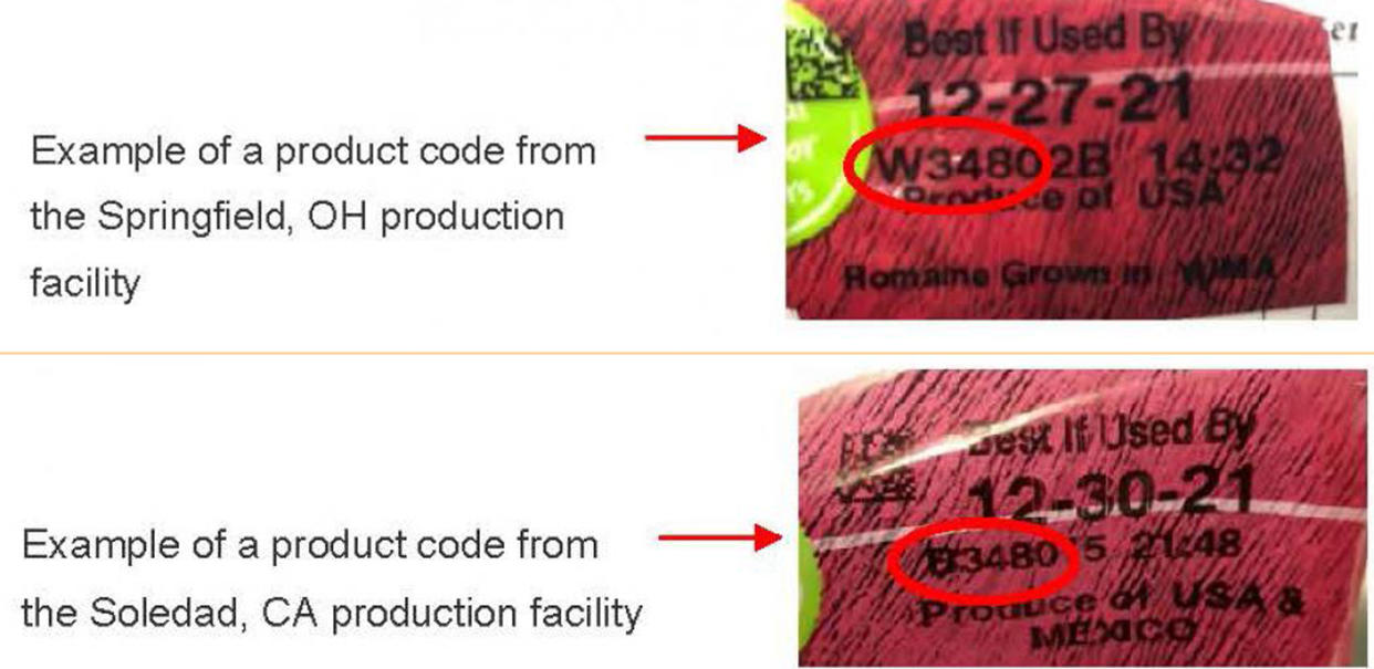 Dole Fresh Vegetables shared some examples of where to locate product codes on their packaging. (fda.gov)