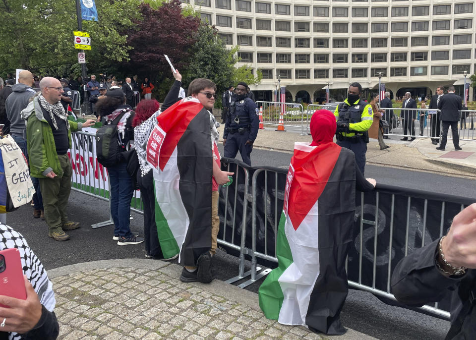 Demonstrators protest before the start of the White House Correspondents' Association Dinner, Saturday, April 27, 2024, in Washington. (AP Photo/Pablo Martinez Monsivais)