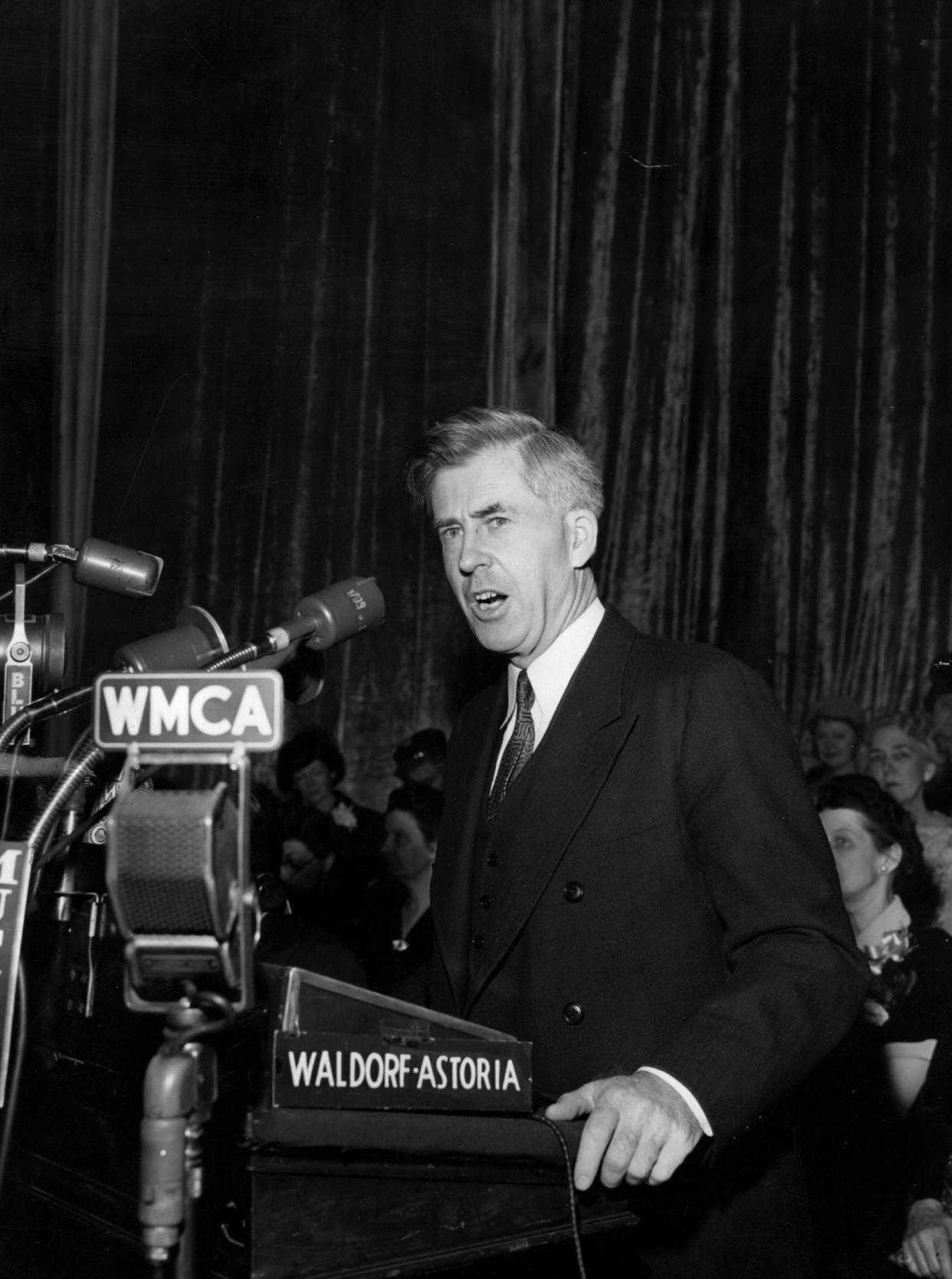 Henry A. Wallace addresses the 12th annual Herald Tribune Forum at the Waldorf-Astoria Hotel in New York.