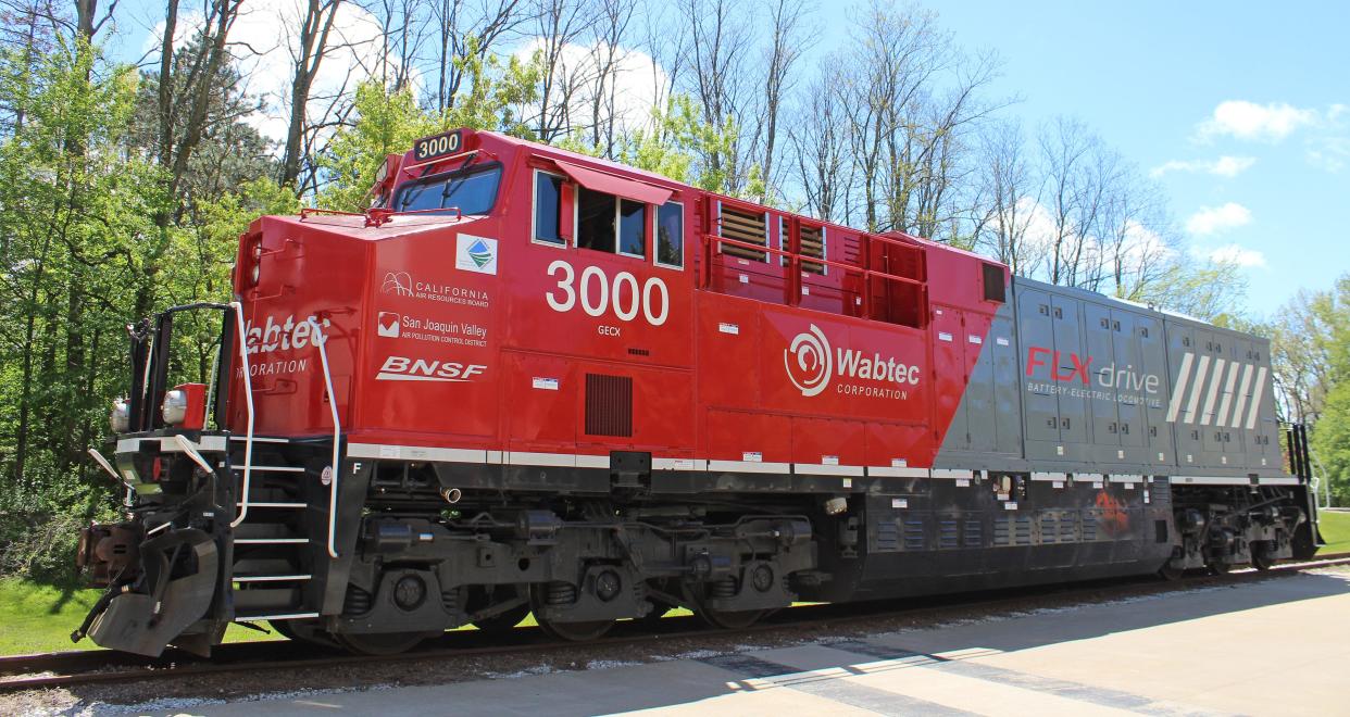 A FLXdrive battery locomotive is shown May 11 at Wabtec's Lawrence Park Township plant.