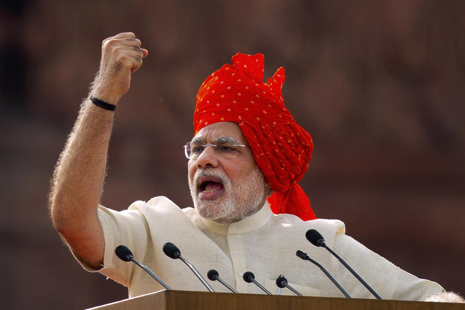 FILE- Indian Prime Minister Narendra Modi addresses the nation on the country's Independence Day in New Delhi, India, Aug. 15, 2014. Modi is campaigning for a third term in the general election starting Friday. (AP Photo/Saurabh Das, File)