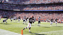 Cleveland Browns running back Nick Chubb (24) rushes for a 26-yard touchdown during the second half of an NFL football game against the Houston Texans, Sunday, Sept. 19, 2021, in Cleveland. (AP Photo/Ron Schwane)