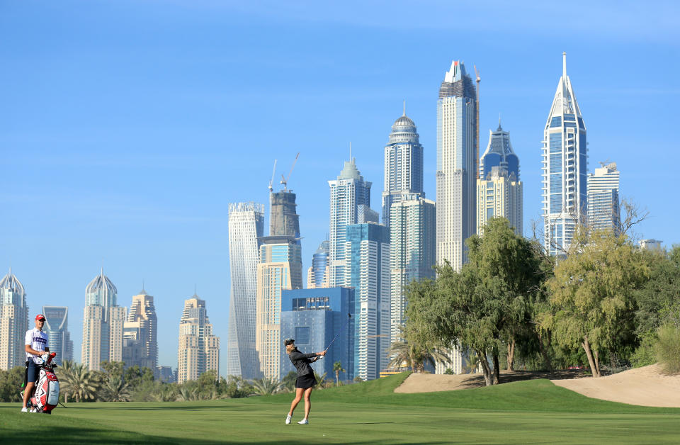 Paige Spiranac during the first round of the 2015 Omega Dubai Ladies Masters on the Majlis Course at The Emirates Golf Club on December 9, 2015 in Dubai, United Arab Emirates.