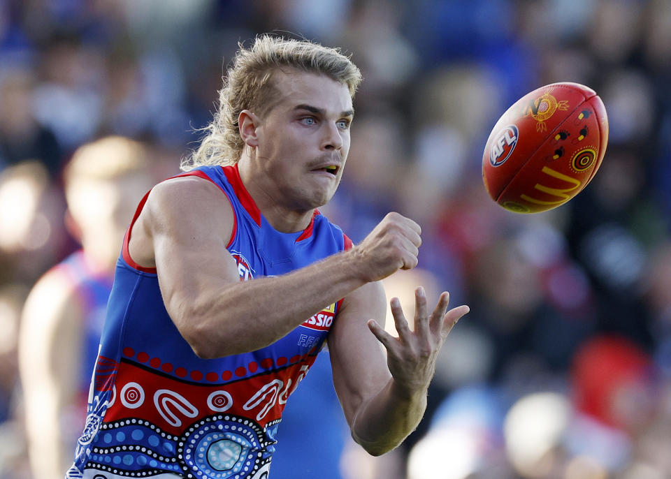 Seen here, Bailey Smith in action for the Western Bulldogs during the 2022 AFL season.