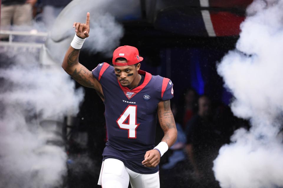 Houston Texans quarterback Deshaun Watson (4) before an NFL football game against the Atlanta Falcons Sunday, Oct. 6, 2019, in Houston.