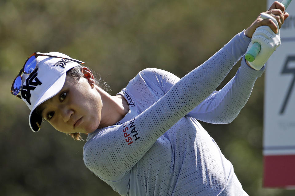 Lydia Ko of New Zealand follows through on her drive on the seventh hole during the third round of the Marathon Classic LPGA golf tournament Saturday, Aug. 8, 2020, at the Highland Meadows Golf Club in Sylvania, Ohio. (AP Photo/Gene J. Puskar)