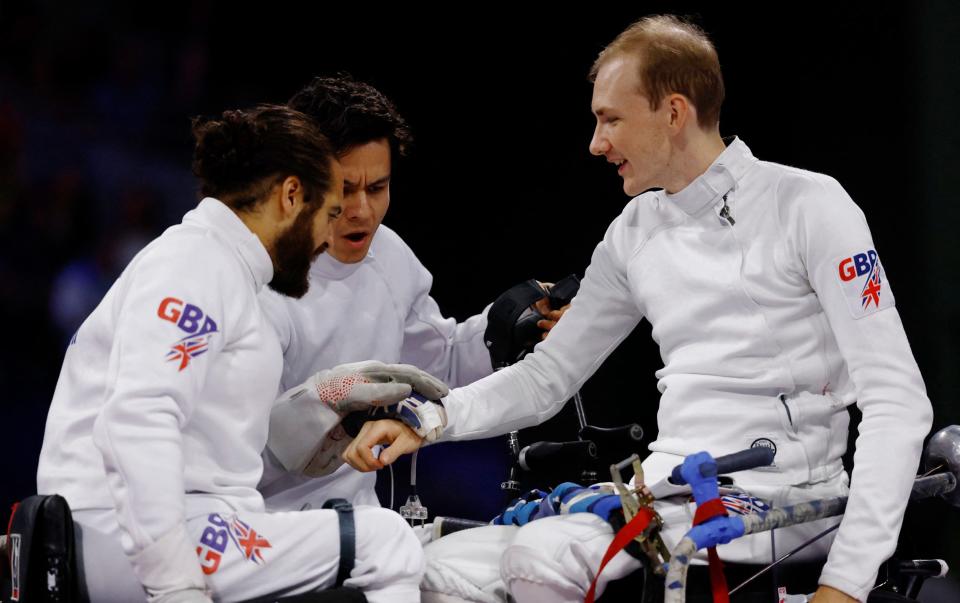 Dimitri Coutya, Oliver Lam Watson and Piers Gilliver of Britain before the match