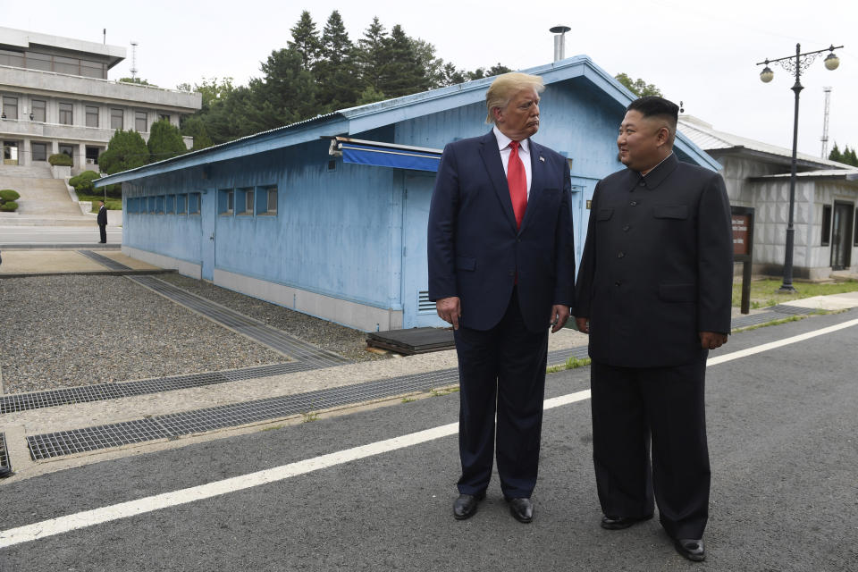 FILE - In this June 30, 2019 file photo, President Donald Trump meets with North Korean leader Kim Jong Un at the border village of Panmunjom in Demilitarized Zone, South Korea. South Korea's military say it has detected an "unidentified object" flying near the border with North Korea. The South's Joint Chiefs of Staff says its radar found "the traces of flight by an unidentified object" on Monday, July 1, over the central portion of the Demilitarized Zone that bisects the two Koreas. (AP Photo/Susan Walsh, File)
