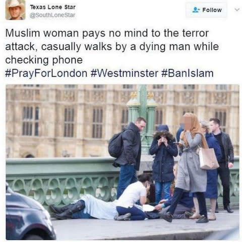 Russian bot behind false claim Muslim woman ignored victims of Westminster terror attack