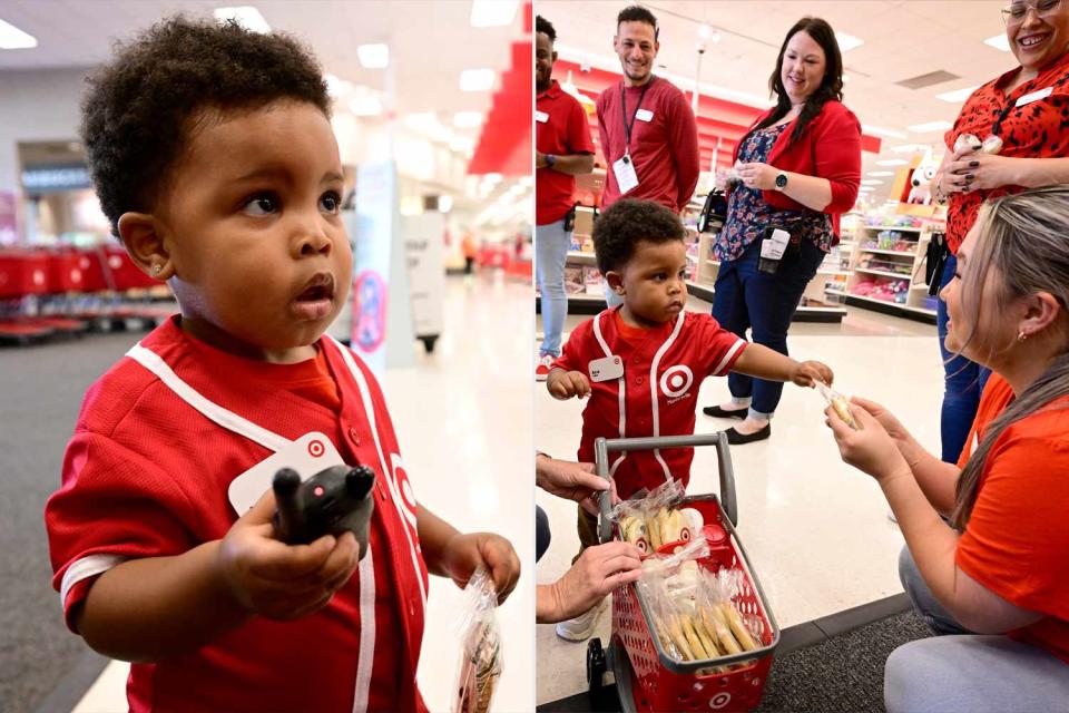 <p>Grant Halverson/Getty Images for Target</p> Azai with a walkie talkie (left)m Azai chatting with Target team members