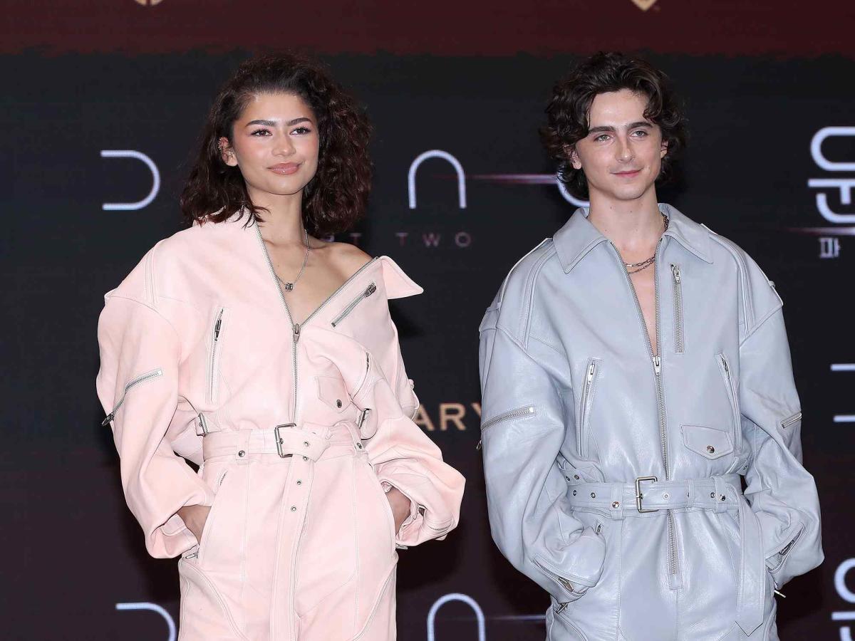 Zendaya and Timothée Chalamet Twinned in Matching Blue-and-Pink Leather ...