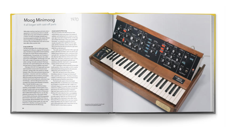 A spread from the book "Synth Gems 1" that looks at vintage synthesizers from the last three decades of the 20th century.