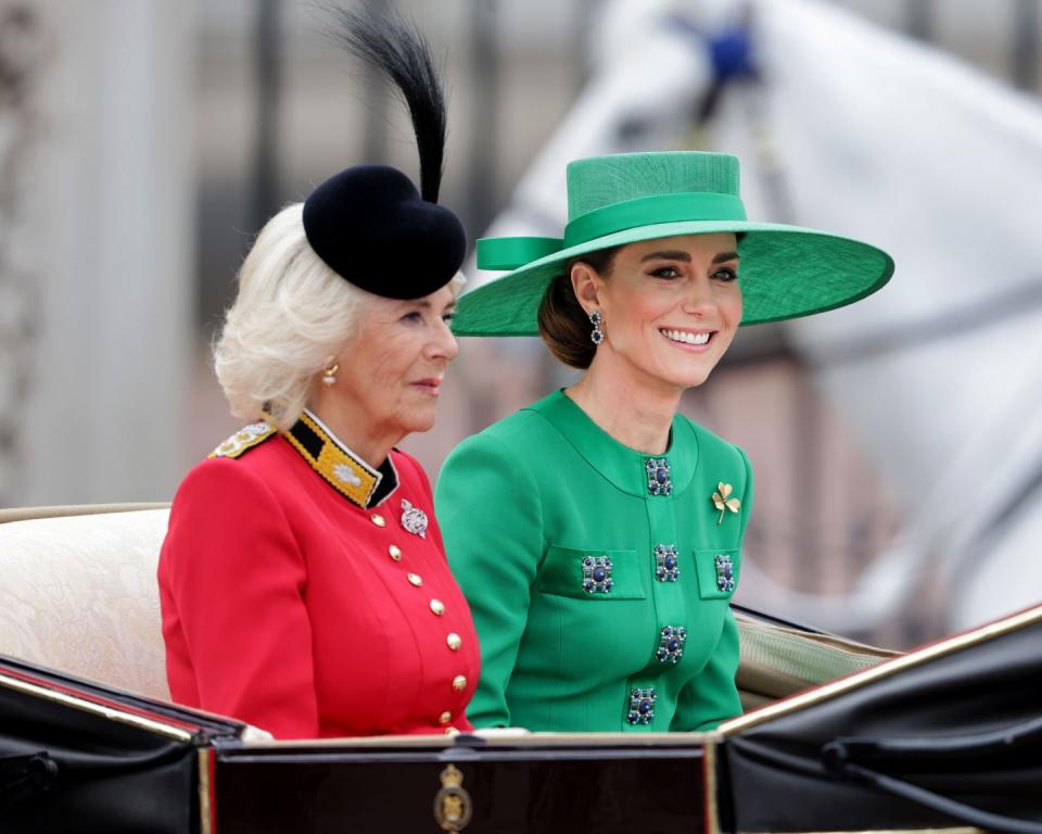 london, england june 17 queen camilla and catherine, princess of wales are seen during trooping the colour on june 17, 2023 in london, england trooping the colour is a traditional parade held to mark the british sovereigns official birthday it will be the first trooping the colour held for king charles iii since he ascended to the throne photo by chris jacksongetty images