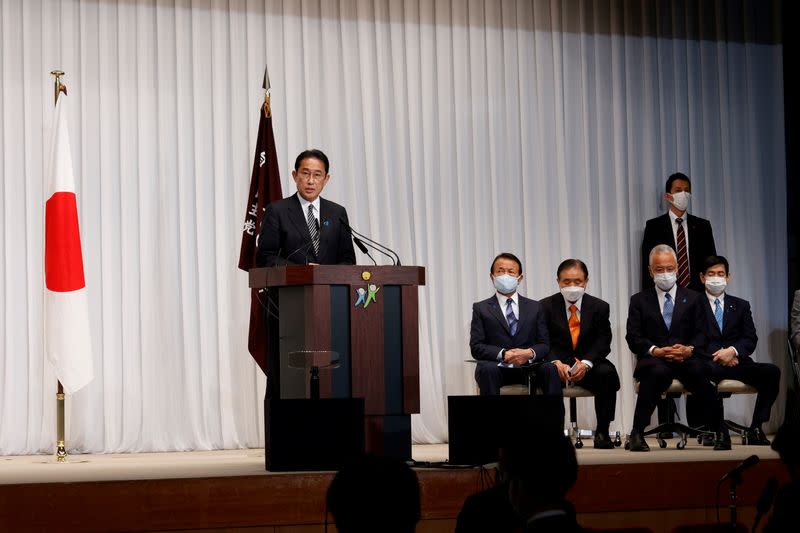 Japan's Prime Minister and ruling Liberal Democratic Party leader Fumio Kishida speaks during a news conference at the party headquarters in Tokyo