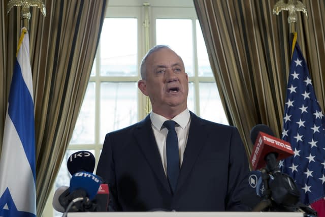 Benny Gantz speaks during a news conference in Washington