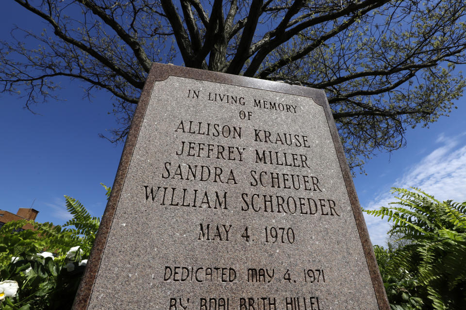 FILE - A memorial stands tall on the Kent State University campus site Sunday, May 3, 2020, where four students, Allison Krause, Jeffrey Miller, Sandra Scheuer and William Schroeder, were killed when Ohio National Guardsmen opened fire May 4, 1970 during a student protest against the escalation of the war in Vietnam. In addition to the four students killed, five were wounded in the 13 seconds it took 28 guardsmen to get off 67 rounds. (AP Photo/Gene J. Puskar, File)