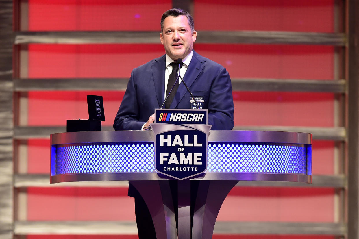 CHARLOTTE, NORTH CAROLINA - JANUARY 31: NASCAR Hall of Fame inductee Tony Stewart speaks during the 2020 NASCAR Hall of Fame Induction Ceremony at Charlotte Convention Center on January 31, 2020 in Charlotte, North Carolina. (Photo by Jared C. Tilton/Getty Images)