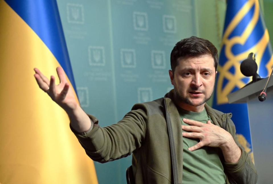 <div class="inline-image__caption"><p>Ukrainian President Volodymyr Zelensky gestures as he speaks during a press conference in Kyiv on March 3, 2022.</p></div> <div class="inline-image__credit">SERGEI SUPINSKY/AFP via Getty</div>